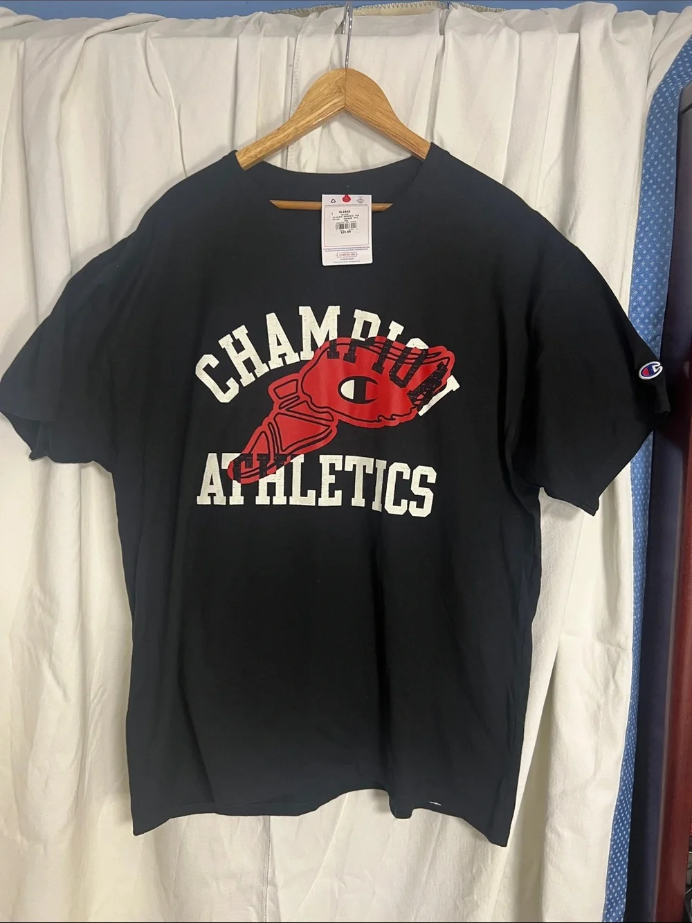 Champion XL Black Short Sleeve Tee with Red Track Graphic and White Text - Picture 2 of 6